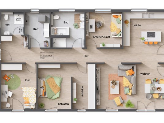 Grundriss des Bungalow 131 in der individuellen Variante 3, mit Eingang an der kurzen Hausseite, großzügiger Garderobe, Wohnbereich am Ende des Hauses, offener Küche als zentralem Wohnbereich, Schlafzimmer mit angrenzender Ankleide, Speisekammer nahe der Küche, markantem Flur im 'Catwalk'-Stil, zwei komfortablen Schlafräumen und einem durchdachten Badezimmer.